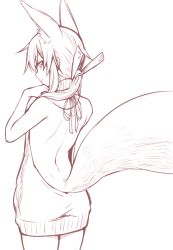 Rule 34 | 1girl, animal ears, back, back focus, backless dress, backless outfit, bare back, bare shoulders, closed mouth, cowboy shot, dimples of venus, drawstring, dress, fox ears, fox girl, fox tail, from behind, greyscale, hair ribbon, halterneck, inari (ryuusei), lineart, long hair, looking at viewer, looking back, meme attire, monochrome, naked sweater, original, ponytail, profile, ribbed sweater, ribbon, ryuusei (ryuuseiseikou), sidelocks, simple background, smile, solo, sweater, sweater dress, tail, tamakagura inari, tsurime, turtleneck, turtleneck sweater, virgin killer sweater, yagi (ningen)