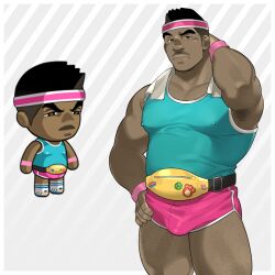 Rule 34 | 1boy, absurdres, aqua tank top, armpit hair, armpits, bara, belly, bulge, buzz (ero condo), chibi, covered erect nipples, cowboy shot, dark-skinned male, dark skin, dolphin shorts, ero condo, facial hair, headband, highres, kienbiu, large pectorals, male focus, muscular, muscular male, mustache stubble, navel, official alternate costume, paid reward available, pectorals, short hair, shorts, simple background, solo, standing, stubble, thick thighs, thighs, thighs together, ugly man, undercut, waist bag