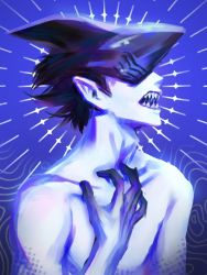 Rule 34 | 1boy, beam (chainsaw man), blue background, blue theme, chainsaw man, faceless, faceless male, facing to the side, highres, kozzz y, open mouth, shark boy, sharp teeth, short hair, simple background, solo, teeth, topless, topless male
