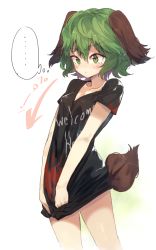 Rule 34 | ..., 1girl, animal ears, arrow (symbol), bad id, bad pixiv id, black shirt, blush, bottomless, closed mouth, clothes writing, commentary request, cosplay, covered erect nipples, cowboy shot, dog ears, dog tail, frown, green eyes, green hair, hair between eyes, hecatia lapislazuli, hecatia lapislazuli (cosplay), kasodani kyouko, naked shirt, no pants, shirt, shirt tug, short hair, short sleeves, solo, spoken ellipsis, suminagashi, t-shirt, tail, tears, thought bubble, touhou, v arms