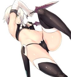 Rule 34 | 1girl, armpits, bad id, bad pixiv id, bandaged arm, bandages, black panties, black thighhighs, breasts, chorefuji, dual wielding, fate/apocrypha, fate (series), gloves, grey hair, holding, holding knife, jack the ripper (fate/apocrypha), knife, looking at viewer, navel, panties, short hair, simple background, small breasts, solo, tattoo, thighhighs, underwear, white background, yellow eyes