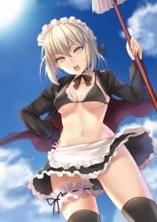 Rule 34 | 1girl, apron, artoria pendragon (all), artoria pendragon (alter swimsuit rider) (fate), artoria pendragon (alter swimsuit rider) (second ascension) (fate), artoria pendragon (fate), bikini, black bikini, black jacket, black thighhighs, blonde hair, blue sky, breasts, cowboy shot, day, fate/grand order, fate (series), groin, hair ribbon, hand on own hip, jacket, long sleeves, looking at viewer, maid, maid bikini, maid headdress, medium breasts, mop, navel, open clothes, open jacket, open mouth, ribbon, saber alter, sky, solo, stomach, sunlight, swimsuit, thigh strap, thighhighs, unconventional maid, waist apron, yellow eyes, yuemanhuaikong