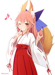 Rule 34 | 1girl, absurdres, aged down, animal ear fluff, animal ears, blue ribbon, brown eyes, commentary request, double fox shadow puppet, extra ears, fate/extra, fate (series), finger to mouth, fox ears, fox girl, fox shadow puppet, fox tail, hair between eyes, hair ribbon, hakama, haryuu (poetto), highres, japanese clothes, light smile, long hair, looking at viewer, miko, musical note, one eye closed, pink hair, ribbon, ribbon-trimmed sleeves, ribbon trim, short ponytail, simple background, solo, tail, tamamo (fate), tamamo no mae (fate/extra), twitter username, white background, wide sleeves