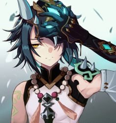 Rule 34 | 1boy, arm guards, arm tattoo, bare shoulders, bead necklace, beads, black hair, closed mouth, detached sleeves, genshin impact, gloves, green gloves, green hair, highres, holding, holding mask, jewelry, lessone, long hair, looking at viewer, male focus, mask, multicolored hair, necklace, one eye covered, shoulder pads, shoulder spikes, simple background, sleeveless, solo, spikes, tassel, tattoo, vision (genshin impact), xiao (genshin impact), yellow eyes