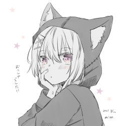 Rule 34 | 1girl, :o, animal ear fluff, animal ears, blush, copyright request, fake animal ears, hair between eyes, hair ornament, hairclip, hand up, hood, hood up, hooded jacket, jacket, long sleeves, looking at viewer, mito (go!go!king!), monochrome, parted lips, purple eyes, simple background, solo, star (symbol), translation request, upper body, virtual youtuber, white background, x hair ornament