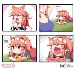 Rule 34 | 2girls, 4koma, animal ear fluff, animal ears, animal hands, apron, bell, blush, breasts, cat paws, cleavage, collar, comic, emphasis lines, english text, fangs, fate/grand order, fate (series), fox ears, fox girl, gloves, highres, jingle bell, keita naruzawa, long hair, maid headdress, multiple girls, neck bell, open mouth, paw gloves, pink hair, simple background, squeans, tamamo (fate), tamamo cat (fate), tamamo cat (second ascension) (fate), tamamo no mae (fate/extra), tears, wavy mouth, yellow eyes