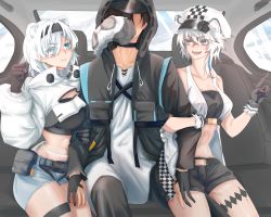 Rule 34 | 1boy, 2girls, :d, absurdres, animal ears, arknights, aurora (arknights), bare shoulders, bear ears, black choker, black gloves, black hair, black hairband, black jacket, black shirt, black shorts, blue eyes, breasts, bustier, cabbie hat, chinese commentary, choker, clenched hand, cliffheart (arknights), collarbone, commentary request, cowboy shot, crop top, cropped jacket, doctor (arknights), eyes visible through hair, gloves, grey eyes, grey shorts, hair over one eye, hairband, hand up, hat, highres, index finger raised, jacket, large breasts, leopard ears, leopard tail, long sleeves, looking at another, midriff, multiple girls, navel, open clothes, open jacket, open mouth, pouch, shirt, short hair, short shorts, shorts, silver hair, sleeveless, sleeveless jacket, smile, stomach, strapless, tail, thigh strap, thighs, tube top, vehicle interior, white headwear, white jacket, white shirt, yubanwen