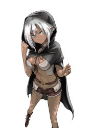 Rule 34 | 1girl, belt, blue eyes, boots, breasts, brown legwear, cleavage, cloak, closed mouth, cross-laced footwear, cutoffs, dark-skinned female, dark skin, front-tie top, highres, hood, hooded cloak, hoodie, large breasts, looking at viewer, midriff, navel, non-web source, open fly, pointy ears, short hair, short shorts, shorts, simple background, solo, standing, tea (nakenashi), white background, white hair