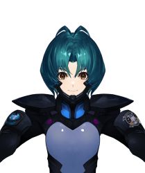 Rule 34 | antenna hair, artist request, blue hair, brown eyes, eyebrows hidden by hair, flat chest, fortified suit, looking at viewer, muv-luv, muv-luv alternative, official art, parted bangs, pilot suit, project mikhail, short hair, skin tight, smile, transparent background, upper body, yoroi mikoto