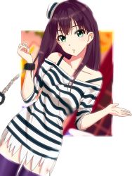 Rule 34 | 1girl, bad id, bad pixiv id, brown hair, collarbone, cowboy shot, cuffs, dutch angle, earrings, green eyes, handcuffs, hat, highres, idolmaster, idolmaster cinderella girls, jewelry, long hair, long sleeves, looking at viewer, off-shoulder shirt, off shoulder, parted lips, purple thighhighs, shibuya rin, shiki (0802makimari), shirt, simple background, solo, standing, striped clothes, striped shirt, thighhighs, white background, white hat, zettai ryouiki