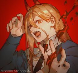 Rule 34 | 1girl, artist name, black necktie, blonde hair, blood, blue jacket, chainsaw man, cioccolatodorima, claw pose, collared shirt, cross-shaped pupils, hair between eyes, hemokinesis, horns, jacket, long hair, looking at viewer, necktie, open mouth, power (chainsaw man), red background, red horns, sharp teeth, shirt, simple background, solo, symbol-shaped pupils, teeth, tongue, tongue out, white shirt, yellow eyes