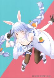 Rule 34 | 1girl, absurdres, animal ear fluff, animal ears, arm up, armpits, bare shoulders, bent over, black gloves, blue hair, braid, breasts, bridal garter, brown pantyhose, carrot, carrot hair ornament, closed mouth, coat, detached collar, detached sleeves, don-chan (usada pekora), extra ears, floating hair, food-themed hair ornament, fur collar, gloves, gluteal fold, hair ornament, highres, hololive, leotard, long hair, looking at viewer, low twintails, official art, one eye closed, outstretched arm, pantyhose, playboy bunny, rabbit ears, red eyes, scan, shoes, sidelocks, small breasts, smile, solo, strapless, thick eyebrows, tomari (veryberry00), twin braids, twintails, usada pekora, usada pekora (1st costume), v, very long hair, virtual youtuber, white coat, white footwear