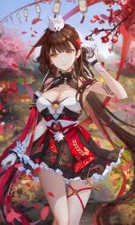 Rule 34 | 1girl, alternate color, alternate costume, animal, animal on head, braid, breasts, brown hair, cleavage, commentary, commentary request, frilled skirt, frills, gloves, hair ornament, highres, honkai (series), honkai impact 3rd, large breasts, li sushang, li sushang (jade knight), long hair, looking at viewer, on head, rabbit, skirt, smile, solo, taichi (yirkorn), thigh strap, twintails, yellow eyes