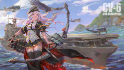 Rule 34 | 1girl, aircraft, aircraft carrier, airplane, arrow (projectile), azur lane, bald eagle, bird, black gloves, black jacket, black necktie, black skirt, blue eyes, bow (weapon), buttons, cape, closed mouth, cloud, collared shirt, crossbow, day, eagle, flying, gloves, hat, highres, historical name connection, holding, holding bow (weapon), holding crossbow, holding weapon, jacket, long hair, military, military vehicle, mountain, name connection, necktie, no pupils, object namesake, ocean, outdoors, peaked cap, pink lips, pleated skirt, propeller, quill, runway, shengyi sun, ship, shirt, short sleeves, single glove, skirt, solo, standing, sunlight, taking off, thighhighs, turret, uss enterprise (cv-6), warship, water, watercraft, weapon, white hair, white shirt, world war ii, zettai ryouiki