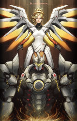 Rule 34 | 1boy, 1girl, absurdres, armor, artist name, blckscorpion, blonde hair, blue eyes, bodysuit, breasts, brown background, brown pantyhose, cowboy shot, faulds, full armor, glowing, glowing wings, halo, high ponytail, highres, lips, looking at viewer, mechanical halo, mechanical wings, medium breasts, mercy (overwatch), nose, overwatch, overwatch 1, pantyhose, pauldrons, reinhardt (overwatch), shoulder armor, signature, spread wings, striped, striped background, swiss flag, vertical stripes, weapon, wings, yellow wings