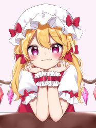 Rule 34 | 1girl, :3, absurdres, alternate eye color, blonde hair, blush, bow, crystal, elbows on table, flandre scarlet, gradient background, hair between eyes, hair ribbon, hat, hat bow, hat ribbon, heart, heart-shaped pupils, highres, long hair, looking at viewer, mob cap, pink background, puffy short sleeves, puffy sleeves, purple eyes, red ribbon, red vest, ribbon, shinonome asu, shirt, short sleeves, side ponytail, simple background, smile, solo, symbol-shaped pupils, table, touhou, twitter username, vest, white hat, white shirt, wings, wrist ribbon