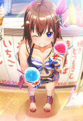 Rule 34 | 1girl, absurdres, aiuabo, armpit crease, bikini, blue eyes, blurry, blurry background, blush, bow, breasts, brown footwear, brown hair, cleavage, collarbone, day, depth of field, feet, food, hair ornament, hands up, highres, holding, hololive, hololive summer 2023 swimsuit, lens flare, looking at viewer, medium breasts, multicolored bikini, multicolored clothes, navel, one eye closed, outdoors, ribbon, sand, shaved ice, smile, solo, spread toes, star (symbol), star hair ornament, striped bikini, striped bow, striped clothes, striped ribbon, swimsuit, teeth, thighs, toeless footwear, toes, tokino sora, virtual youtuber
