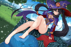 Rule 34 | 1girl, anemo hypostasis (genshin impact), ass, bare legs, barefoot, black hair, blue eyes, blue hat, blue leotard, breasts, cape, cube, day, detached sleeves, dutch angle, feet, floating hair, genshin impact, gold trim, hand on headwear, hat, highleg, highleg leotard, highres, knee up, leotard, long hair, long sleeves, looking at viewer, medium breasts, mona (genshin impact), nekoda (maoda), no legwear, outdoors, sitting, slime (genshin impact), solo, thighs, twintails, v-shaped eyebrows, very long hair, witch hat