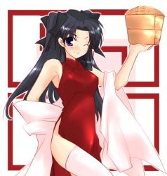 Rule 34 | 00s, 1girl, bamboo steamer, china dress, chinese clothes, dress, fate/stay night, fate (series), solo, thighhighs, tohsaka rin, two side up