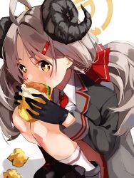 Rule 34 | 1girl, blue archive, burger, eating, halo, highres, horns, izumi (blue archive), school uniform, solo, squatting, twintails, white background