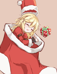 Rule 34 | 1girl, black gloves, blonde hair, blush, brown background, christmas stocking, closed eyes, facing viewer, fingerless gloves, fur-trimmed headwear, fur trim, gift, girls&#039; frontline, gloves, hair between eyes, hat, highres, juliet sleeves, long hair, long sleeves, lying, matsuo (matuonoie), nagant revolver (girls&#039; frontline), on side, open mouth, oversized object, puffy sleeves, red hat, red shirt, santa hat, shirt, simple background, sleeping, solo, wide sleeves