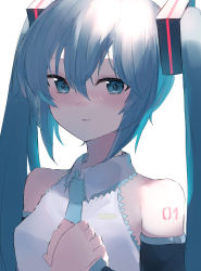 Rule 34 | 1girl, absurdres, bad id, bad pixiv id, black sleeves, blue eyes, blue hair, blue necktie, closed mouth, collared shirt, commentary request, detached sleeves, hands up, hatsune miku, highres, long hair, long sleeves, looking at viewer, necktie, own hands together, poono, shirt, simple background, sleeveless, sleeveless shirt, solo, twintails, upper body, vocaloid, white background, white shirt
