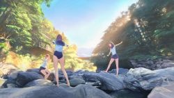 Rule 34 | 3girls, barefoot, bridge, brown hair, day, forest, highres, long hair, miniskirt, mountain, multiple girls, nature, one-piece swimsuit, original, outstretched arms, pleated skirt, rock, sailor collar, school swimsuit, school uniform, shitub52, sitting, skirt, sky, stream, swimsuit, wayne chan