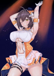 Rule 34 | 1girl, absurdres, ahoge, arm strap, armpits, arms up, azur lane, baltimore (azur lane), baltimore (muse) (azur lane), bare shoulders, blush, bow, braid, breasts, brown hair, center opening, clothing cutout, collared shirt, commentary request, covered erect nipples, cowboy shot, crop top, french braid, gloves, gluteal fold, grin, hair between eyes, hat, headset, highres, idol, large breasts, light particles, looking at viewer, mini hat, mippei, navel, navel cutout, official alternate costume, one eye closed, orange bow, pleated skirt, purple background, shirt, short hair, showgirl skirt, sidelocks, skindentation, skirt, sleeveless, sleeveless shirt, smile, solo, stage lights, standing, thigh strap, underboob, underboob cutout, white skirt, yellow eyes