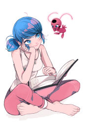 Rule 34 | 2girls, antennae, barefoot, blue eyes, blue hair, book, commentary, highres, holding, holding book, indian style, looking at another, marinette dupain-cheng, miraculous ladybug, multiple girls, open book, reading, seio (nao miragggcc45), sitting, tikki (miraculous ladybug), twitter username, watch, white background, wristwatch
