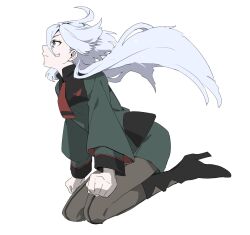 Rule 34 | 1girl, ahoge, asticassia school uniform, black footwear, boots, brown pantyhose, clenched hands, closed mouth, floating hair, from side, front-seamed legwear, frost krx7, full body, green jacket, green shorts, grey eyes, gundam, gundam suisei no majo, hair between eyes, high heel boots, high heels, highres, jacket, long hair, long sleeves, looking up, miorine rembran, pantyhose, pantyhose under shorts, school uniform, seamed legwear, shorts, simple background, sitting, solo, swept bangs, wariza, white background, white hair