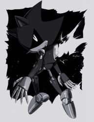Rule 34 | 1boy, by almaz, greyscale, highres, looking at viewer, male focus, metal sonic, monochrome, no mouth, non-humanoid robot, robot, robot animal, solo, sonic (series)
