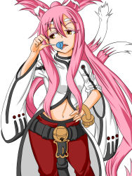 Rule 34 | 1girl, animal ears, arc system works, belt, blazblue, brown eyes, buckle, cat ears, cat tail, cuffs, glasses, hand on own hip, highres, kokonoe (blazblue), licking, long hair, long sleeves, looking to the side, navel, pants, pince-nez, pink hair, red pants, shackles, shirt, sidelocks, simple background, standing, stomach, tail, very long hair, white background, white shirt, wrist cuffs