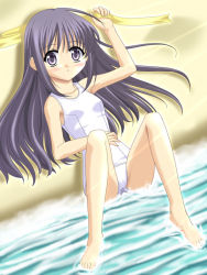 Rule 34 | 00s, 1girl, barefoot, beach, long hair, lying, marie (sister princess), masakichi (crossroad), on back, one-piece swimsuit, partially submerged, sand, school swimsuit, sister princess, solo, swimsuit, water, white school swimsuit, white one-piece swimsuit