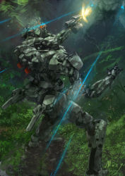 Rule 34 | damaged, firing, from above, from behind, gun, holding, holding gun, holding weapon, jungle, mecha, mozuo, nature, no humans, original, robot, science fiction, solo, weapon