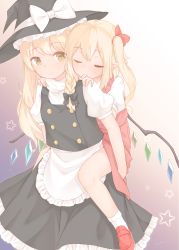 Rule 34 | 2girls, apron, black bow, black hat, black skirt, blonde hair, blush, bow, braid, carrying, closed eyes, closed mouth, commentary request, flandre scarlet, gradient background, hair bow, hands on another&#039;s shoulders, hat, hat bow, highres, kirisame marisa, loafers, long hair, multicolored background, multiple girls, piggyback, pointy ears, puffy short sleeves, puffy sleeves, red bow, red footwear, red skirt, sakurea, shoes, short sleeves, side braid, side ponytail, single braid, skirt, skirt set, smile, socks, star (symbol), touhou, waist apron, white apron, white bow, white legwear, witch hat, yellow eyes