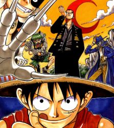 Rule 34 | 5boys, :p, adjusting eyewear, bell, black hair, black neckwear, captain kuro, claws, cover, crescent moon, east blue, glasses, green hair, hand on headwear, hat, jango (one piece), lowres, male focus, monkey d. luffy, moon, multiple boys, necktie, oda eiichirou, official art, one piece, scar, straw hat, sunglasses, tongue, tongue out, volume cover