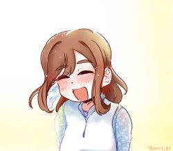 Rule 34 | 1girl, artist name, artist request, bare shoulders, blush, bow, breasts, brown hair, dress, earrings, closed eyes, feather earrings, feathers, female focus, floating hair, hair between eyes, jewelry, kunikida hanamaru, light brown hair, long hair, long sleeves, looking at viewer, love live!, love live! school idol festival, love live! sunshine!!, parted lips, plaid, plaid dress, pleated, pleated dress, see-through, see-through sleeves, small breasts, smile, solo, the story of feather (love live!), upper body, wavy hair, white background, white bow, white dress, wing collar
