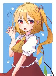 Rule 34 | 1girl, animal hands, ascot, blonde hair, blue background, blush, border, bow, collar, collared shirt, crystal, dress, fang, flandre scarlet, hair between eyes, hair bow, hand up, highres, jewelry, looking to the side, multicolored wings, nail polish, necono (nyu6poko), no headwear, open mouth, ponytail, puffy short sleeves, puffy sleeves, red bow, red dress, red eyes, red nails, shirt, short hair, short sleeves, simple background, solo, standing, tongue, touhou, white border, white shirt, wings, yellow ascot