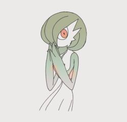 Rule 34 | 1girl, ame (metorui), bob cut, colored skin, creatures (company), female focus, flat chest, game freak, gardevoir, gen 3 pokemon, green hair, green skin, grey background, hair over one eye, hands up, looking at viewer, multicolored skin, nintendo, no mouth, one eye covered, own hands together, pokemon, pokemon (creature), red eyes, short hair, simple background, solo, standing, two-tone skin, upper body, white skin