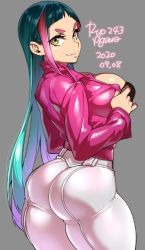 Rule 34 | 1girl, 2020, agawa ryou, aqua hair, ass, black bra, bra, breasts, commentary, dated, from behind, grey background, jacket, large breasts, long hair, looking at viewer, looking back, multicolored hair, original, pants, pink hair, pink jacket, signature, simple background, solo, thick eyebrows, thick thighs, thighs, tight clothes, tight pants, underwear, very long hair, white pants, yellow eyes