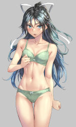 Rule 34 | 1girl, bare arms, bare legs, bare shoulders, black hair, blue eyes, blush, bra, breasts, collarbone, cowboy shot, green bra, green panties, grey background, groin, hair ribbon, highres, kantai collection, katsuragi (kancolle), kokuzou, long hair, navel, open mouth, panties, ribbon, simple background, small breasts, solo, underwear, underwear only, white ribbon