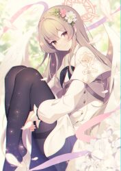 Rule 34 | 1girl, black pantyhose, blue archive, blurry, blurry background, brown eyes, brown hair, capelet, closed mouth, commentary request, dress, falling feathers, feathered wings, feathers, flower, hair flower, hair ornament, halo, highres, homaderi, long hair, long sleeves, looking at viewer, nagisa (blue archive), pantyhose, pink flower, sidelocks, smile, solo, thighband pantyhose, white capelet, white dress, white flower, white footwear, white wings, wings