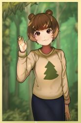 Rule 34 | 1girl, :3, absurdres, animal crossing, animal ears, bad id, bad pixiv id, bear ears, bear girl, blue skirt, blush, brown hair, brown sweater, commentary, forest, highres, humanization, maple (animal crossing), nature, nintendo, outdoors, pencil skirt, skirt, smile, sweater, tree print, yugo (yuno65)