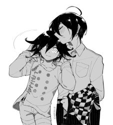 Rule 34 | 2boys, ahoge, arms behind head, artist name, black hair, blush, checkered clothes, checkered scarf, closed eyes, collarbone, danganronpa (series), danganronpa v3: killing harmony, evercelle, greyscale, hair between eyes, hand on another&#039;s shoulder, head kiss, jacket, unworn jacket, male focus, monochrome, multiple boys, oma kokichi, pants, pinstripe pants, pinstripe pattern, saihara shuichi, scarf, shirt, short hair, signature, simple background, sketch, straitjacket, striped, surprised, upper body, white background, white shirt, wide-eyed, yaoi