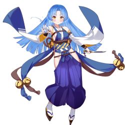 Rule 34 | 1girl, ark order, artist request, bell, blue hair, blue hakama, blue pants, breasts, dagger, detached sleeves, hair ornament, hakama, hakama pants, holding, holding dagger, holding knife, holding weapon, japanese clothes, jingle bell, kinomata no kami (ark order), knife, large breasts, long sleeves, looking at viewer, official art, okobo, pants, rope, sandals, sash, smile, solo, tabi, tachi-e, transparent background, water, weapon, white legwear, wide sleeves, yellow eyes