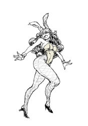 Rule 34 | 1girl, animal ears, bokkori, breasts, cuffs, fake animal ears, fishnet pantyhose, fishnets, greyscale, high heels, large breasts, long hair, monochrome, original, pantyhose, playboy bunny, rabbit ears, rabbit tail, shoes, solo, tail, thick thighs, thighs