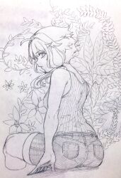 Rule 34 | 1girl, ahoge, alternate costume, arm support, ass, bare shoulders, breasts, closed mouth, commentary request, cropped legs, denim, denim shorts, floral background, from behind, graphite (medium), greyscale, highres, invisible chair, looking at viewer, looking back, medium breasts, monochrome, pantylines, plant, profile, ribbed tank top, short hair with long locks, shorts, sitting, solo, tank top, toriniku29, traditional media, vocaloid, voiceroid, yuzuki yukari