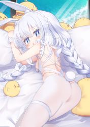 Rule 34 | + +, 1girl, animal ear fluff, animal ears, arms up, ass, azur lane, bed sheet, blue eyes, blush, braid, commentary request, fake animal ears, hair between eyes, hairband, highres, kokone (coconeeeco), le malin (azur lane), le malin (listless lapin) (azur lane), leotard, long hair, looking at viewer, low twintails, manjuu (azur lane), official alternate costume, pantyhose, parted lips, pillow, rabbit ears, rabbit tail, solo, tail, twin braids, twintails, very long hair, white hair, white hairband, white leotard, white pantyhose, wrist cuffs