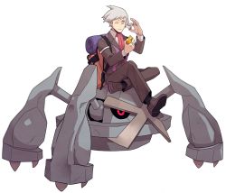 Rule 34 | 1boy, alternate color, bag, claws, closed mouth, creature, creatures (company), crossed legs, frown, game freak, gen 3 pokemon, holding, jaho, long sleeves, male focus, metagross, nintendo, pants, pokemon, pokemon (creature), pokemon rse, riding, riding pokemon, shiny pokemon, shoes, sitting, steven stone