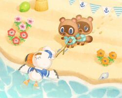 Rule 34 | 3boys, anchor symbol, animal crossing, aqua shirt, beach, blue eyes, blue shirt, closed eyes, coconut, collared shirt, commentary request, conch, flower, flying sweatdrops, footprints, furry, furry male, gulliver (animal crossing), hat, hiding, hiding behind another, holding, holding stick, leaf print, lying, moai (aoh), multiple boys, nintendo, on stomach, orange flower, pink flower, poking, print shirt, raccoon boy, red flower, sailor hat, sand, scared, seashell, shell, shirt, shore, short sleeves, standing, stick, string of flags, timmy (animal crossing), tommy (animal crossing), tree, water, white headwear